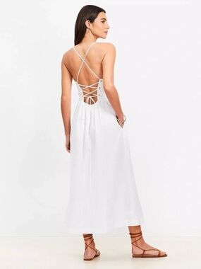LOFT Beach White Linen Cotton Lace Up Back Maxi Dress Size Large